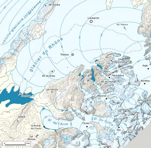 1 b Paléogéographie des glaciers du Rhône, de l'Arve et du Giffre au stade des Lacs