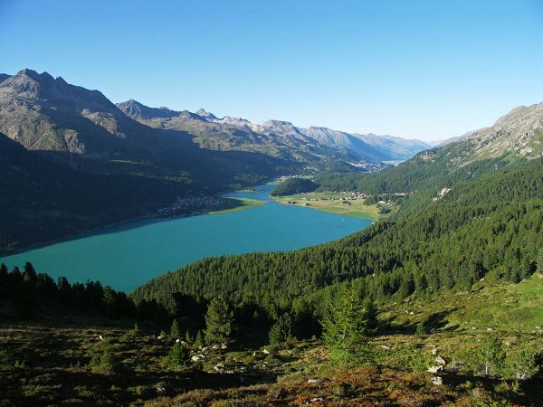 Le lac de Silvaplana ; les lacs de la Haute Engadine occupent des cuvettes surcreusées par l'ancien glacier de l'Inn de la dernière période glaciaire ©F Amelot