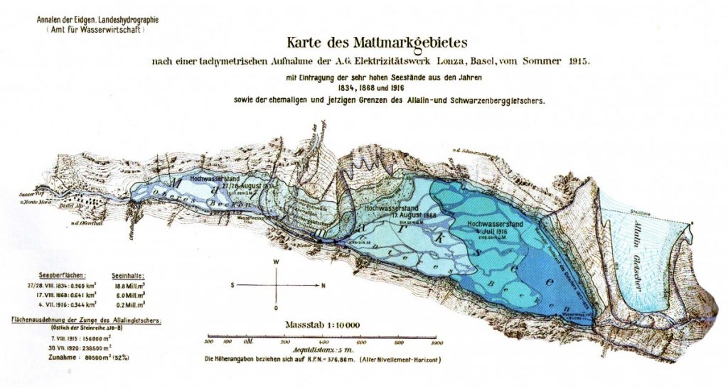 Cartes des extensions successives du lac de Mattmark