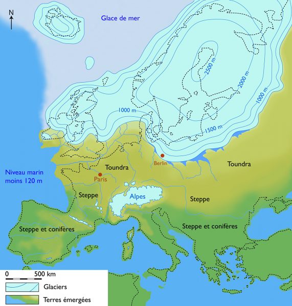 L'inlandsis de la Fenoscandie il y a 22 000 BP, la dépression glacio-eustatique est de 120 - 130 m