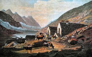 Le lac de Mattmark vers 1830, les chalets de la Distelalp et le Schwarzenberggletscher qui atteint le versant opposé de la vallée.