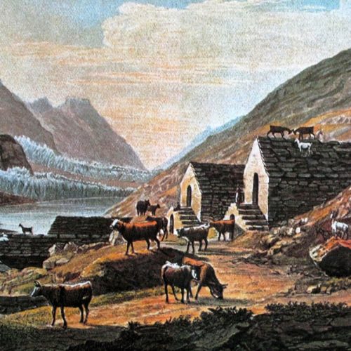 Le lac de Mattmark vers 1830, les chalets de la Distelalp et le Schwarzenberggletscher qui atteint le versant opposé de la vallée.