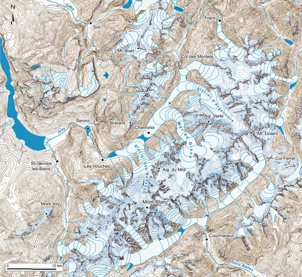 Paléogéographie de l’extension des glaciers du massif du Mont-Blanc au Dryas récent.