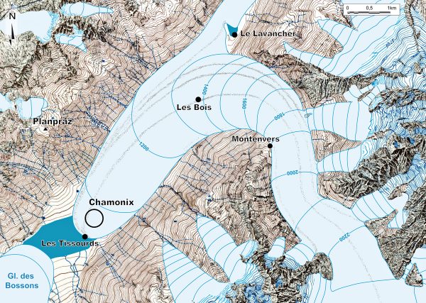 Paléogéographie de le Mer de Glace au Dryas récent.