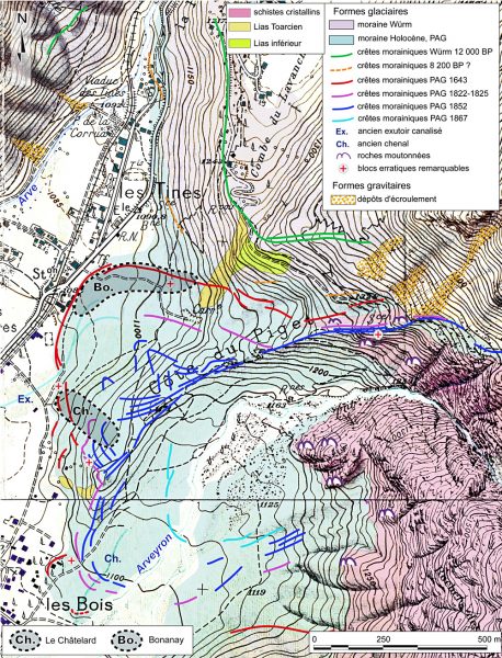 Les  dépôts glaciaires de la Mer de Glace aux villages des bois et des Tines.