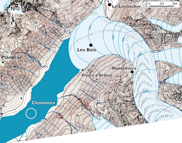 Paléogéographie de l’extension de la Mer de Glace au stade des Praz.