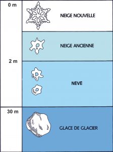 Les cristaux de neige se transforment peu à peu en grain de glace
