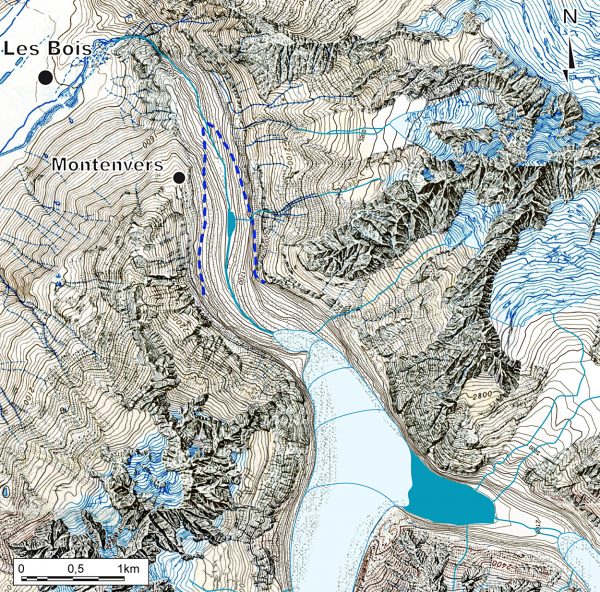 Reconstitution de la langue terminale de la Mer de Glace à l’Âge du Bronze. La langue glaciaire aurait été en retrait de près de 2 km par rapport au front de 2011 (pointillés bleus).