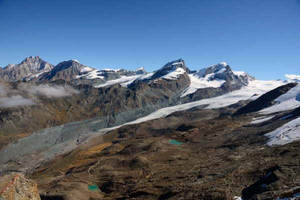 Glacier de Findelen, vue d'ensemble en été 2015.  Les moraines du Petit Age Glaciaire marquent bien le maximum d'extension du glacier au XIXe siècle.