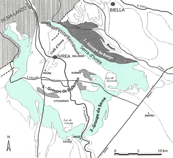 Carte de l'amphithéâtre morainique d'Ivrea (D'après Forno et Lucchesi, 2000 ; Giardino et Gianotti, 2005, modifié)