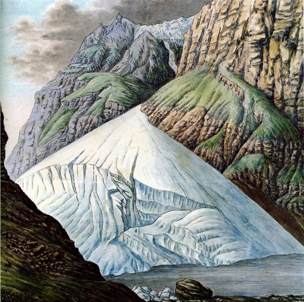 Aquarelles de Escher de la Linth, 1818 : lac de Mauvoisin et le cône du glacier du Giétroz dans le val de Bagne en 1818