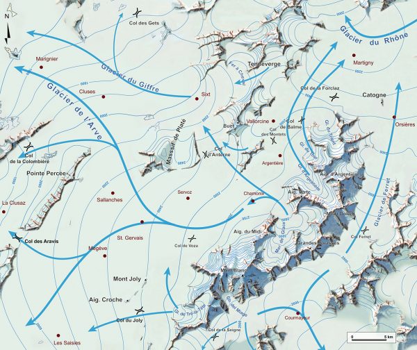 Paléogéographie du massif du Mont Blanc au maximum de la dernière glaciation, les flèches indiquent la direction des écoulements glaciaires