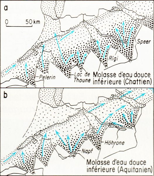 Paléogéographie du bassin molassique (entre 20 et 18 Millions d'années) avec les rivières édifiant les deltas (Mon Pèlerin, Guggisberg, Napf, Rigi, Hörnli
