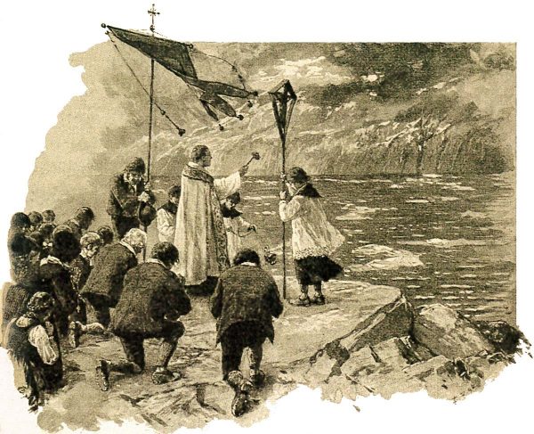 Procession sur le Steinerner Tisch organisée à l'initiative du curé de Sölden au Gurgler Eissee en 1718.