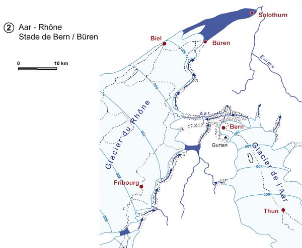 Cartographie des glaciers du Rhône et de l'Aar au stade de Berne