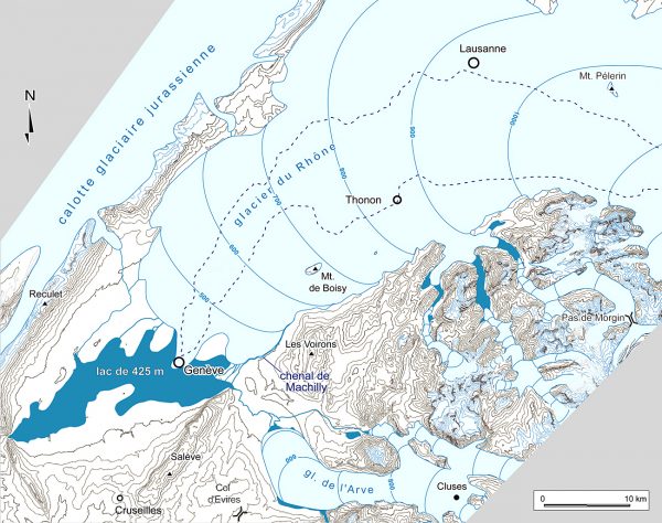 Paléogéographie des glaciers du Rhône (stades de Genève) et de l'Arve (stade des Rocailles)
