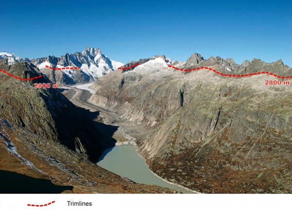 La trimline de l'aiguiller de Loria témoigne d'une surface du glacier atteignant 2450/2500 m sur Vallorcine