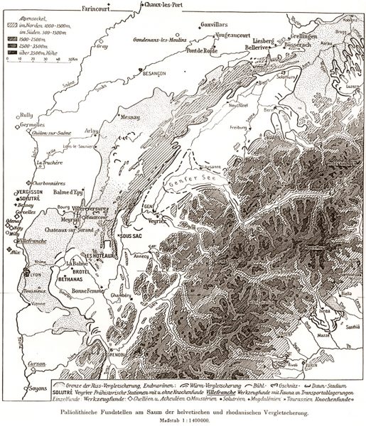 Carte paléogéographique de Penck et Bruckner (1909)