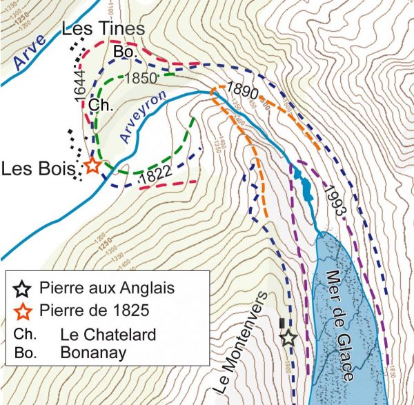 Les extensions de la Mer de Glace entre le maximum du PAG (stade de 1643) et la position actuelle du front, (d’après Mougin et le LGG), localisation des hameaux du Chatelard et de Bonanay.