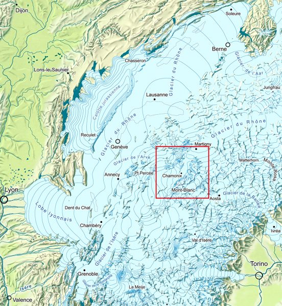 Carte paléogéographique des Alpes nord-occidentales au dernier maximum glaciaire du Pléistocène récent ; cadre rouge : région du massif du Mont-Blanc.