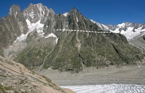 Limite du modelé d’érosion glaciaire en rive droite du glacier (pointillé blanc).