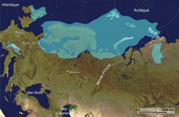 Reconstruction de la calotte Eurasienne il y a 60 000 ans par le programme QUEEN, (Svendsen et al., 2004).