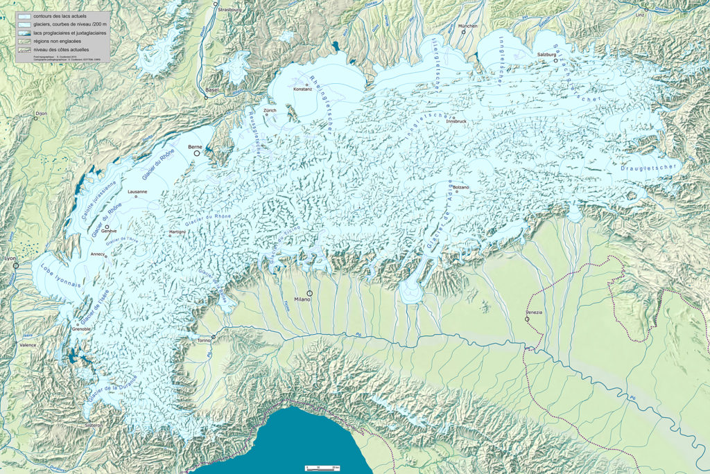 La chaine des Alpes au maximum de la glaciation du Würm glaciers